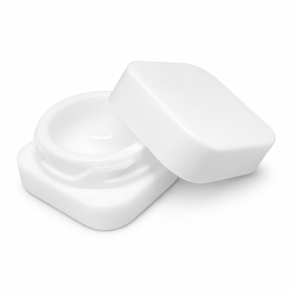9ml Cube (Qube) Glossy White Glass Child Resistant Jar with White Cap