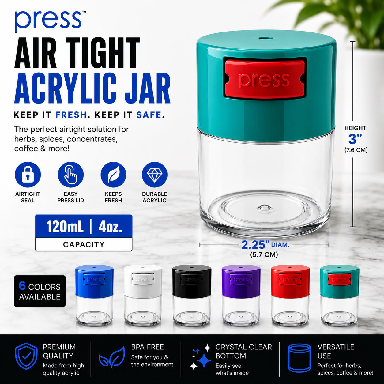 Acrylic Air Tight  Jar 120mL 4oz. - Colored Lid Clear Bottom