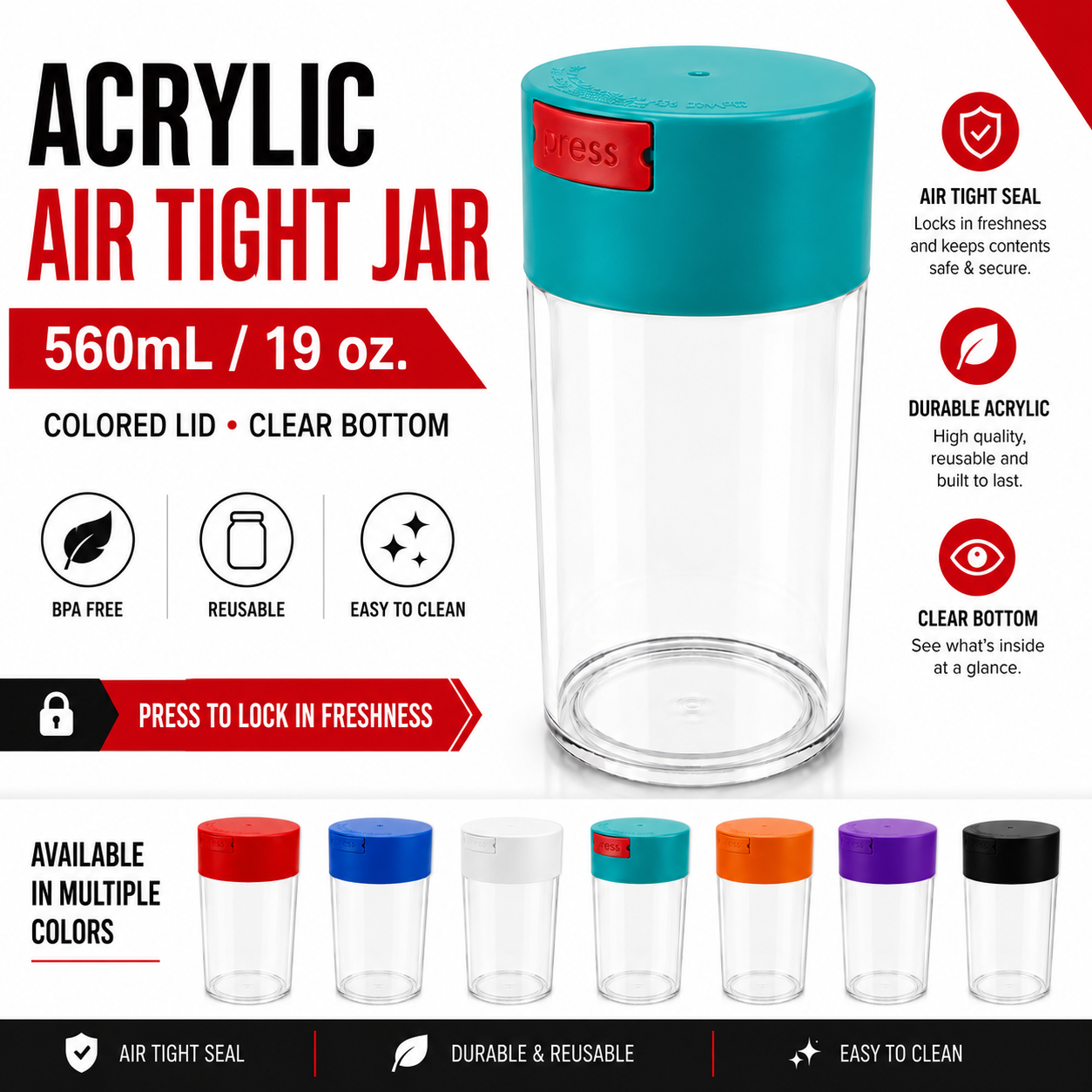 Acrylic Air Tight Jar 560mL 19oz. - Colored Lid Clear Bottom