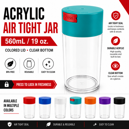 Acrylic Air Tight Jar 560mL 19oz. - Colored Lid Clear Bottom