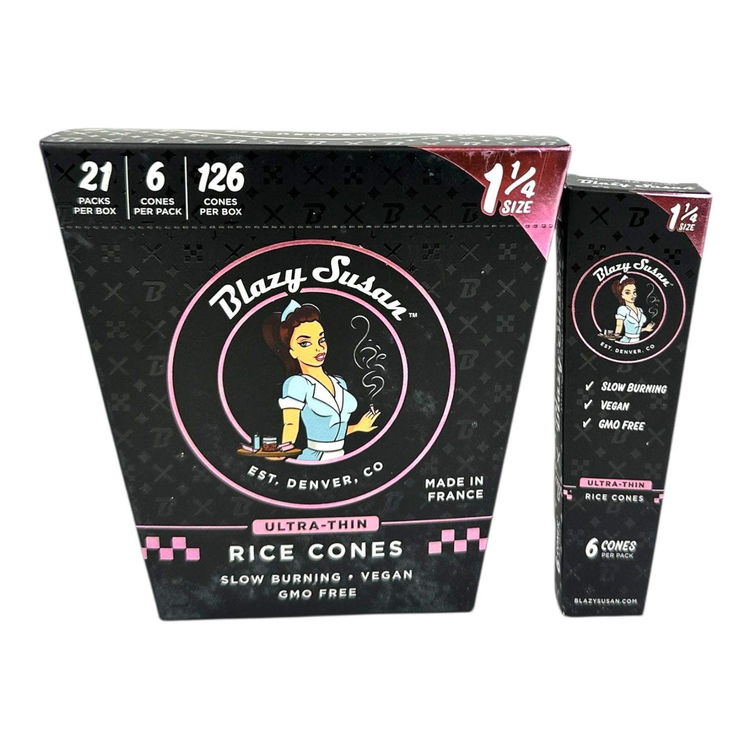 Blazy Susan Ultra Thin Rice Pre Rolled Cones 1 1/4 size 6 Cones/Pack - 21Pack/Box