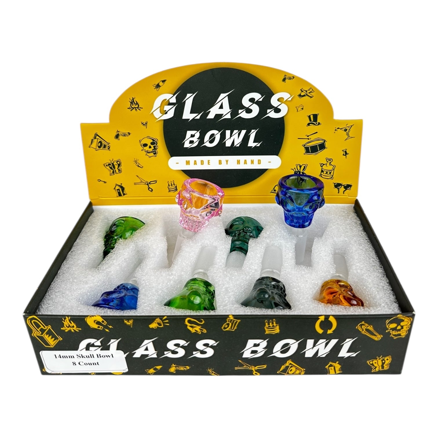 Glass Bowls 14mm Skull 8ct Display