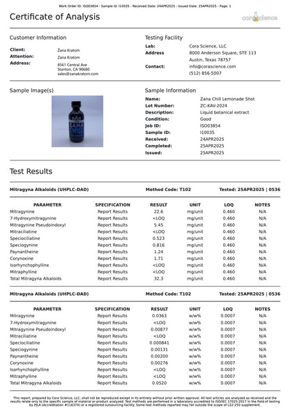 Zana Chill Kratom + Kava Lemonade Liquid Shots  2.0floz / 60ml- 12pcs/Display | 8Dis/Case
