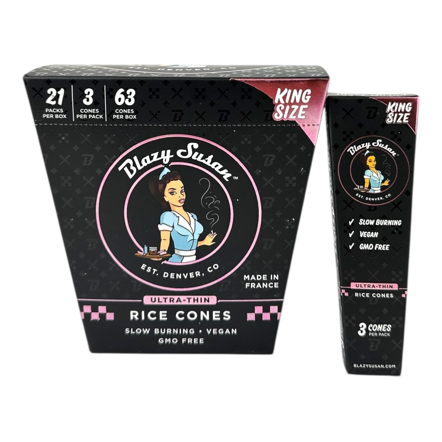 Blazy Susan Ultra Thin Rice Pre Rolled Cones King size 3 Cones/Pack - 21Pack/Box