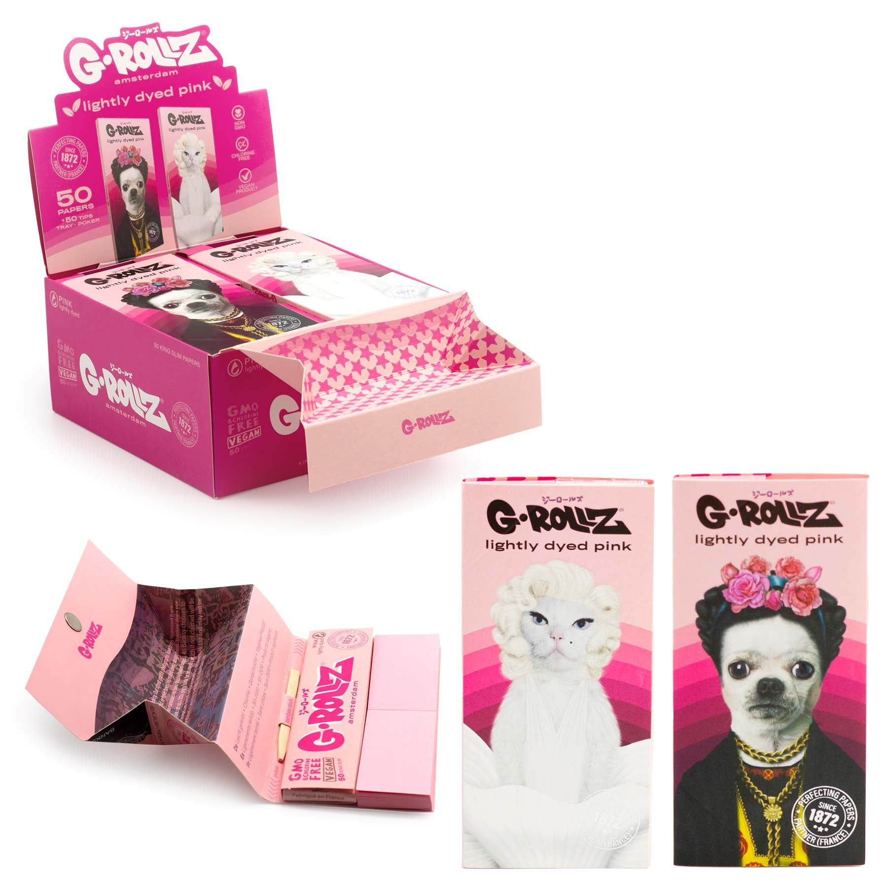G-ROLLZ Lighty Dyed Pink - 50 King Size Paper + Tips & Tray Poker (16 Booklets per box)