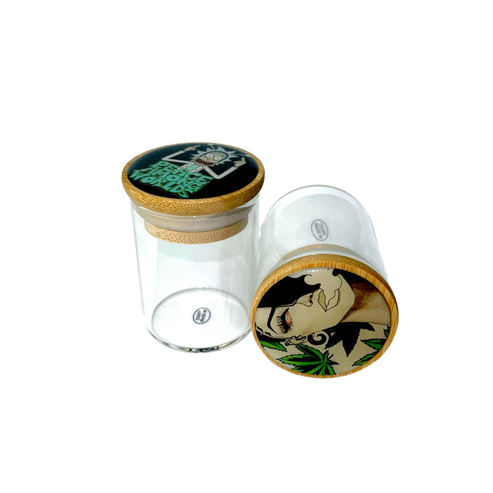 Small Bamboo Lid Air Tight Glass Jar with Head Sticker Design