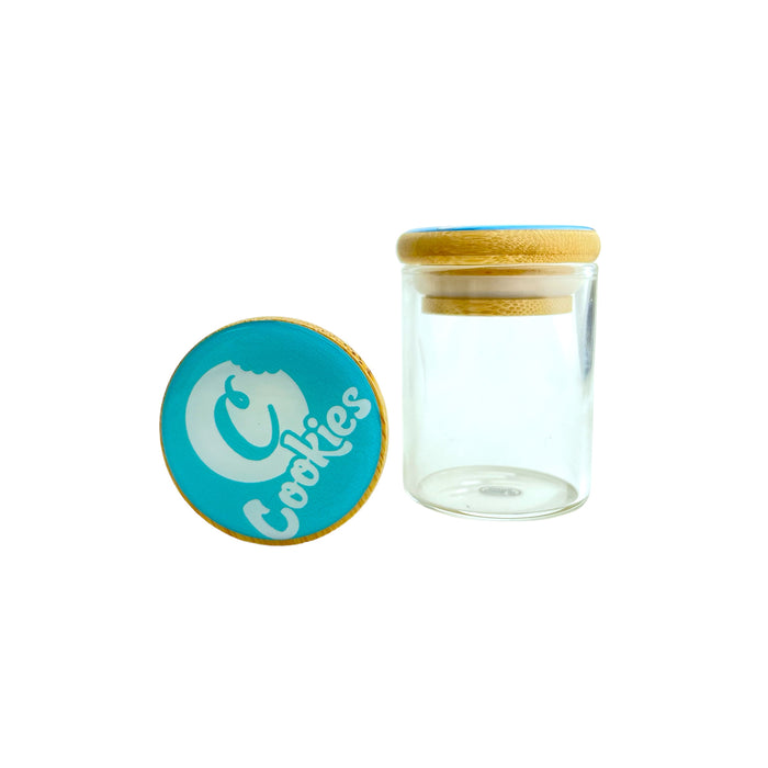 Small Bamboo Lid Air Tight Glass Jar with COO Head Sticker Design