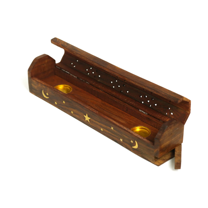 Incense Burner Wooden Coffin Box with Storage