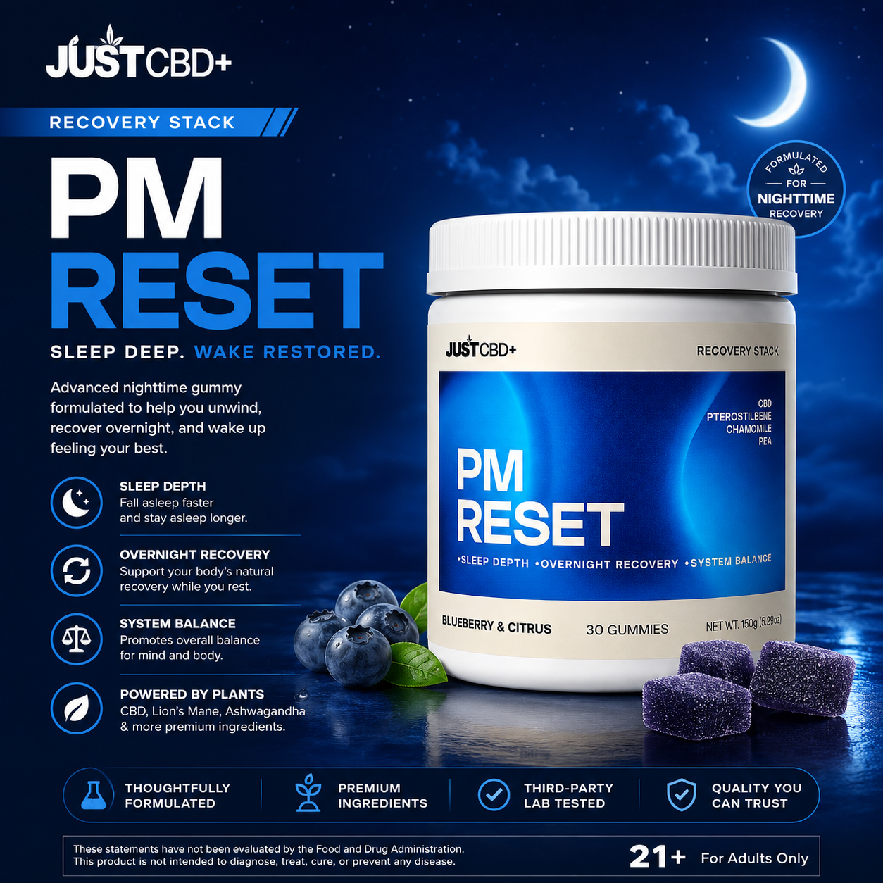 JUST CBD - PM Reset Gummies -Recovery Stack 30ct Jar