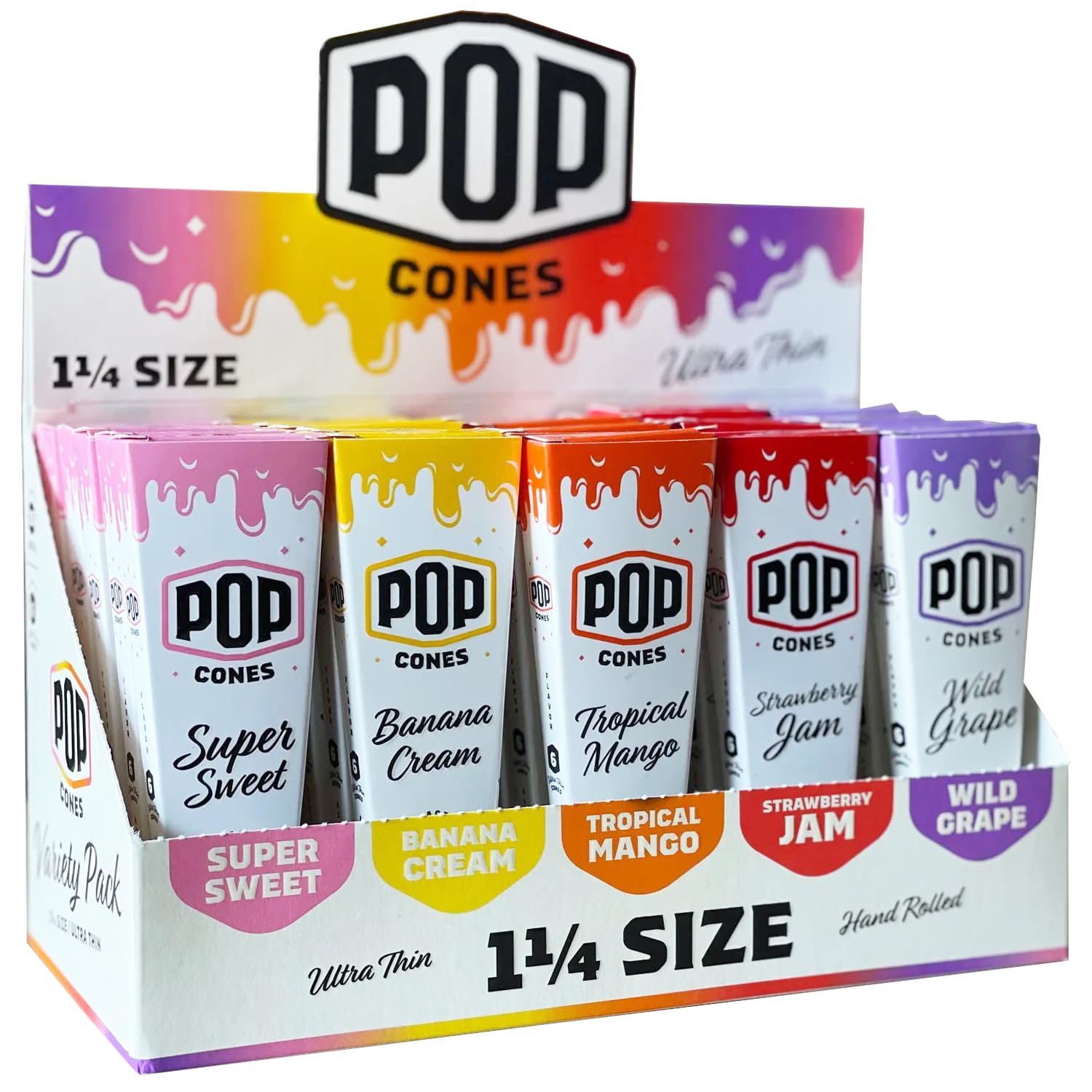 Pop Cones Ultra Thin 1 1/4 Size Pre-Rolled Cones with Flavor Tip (6 per pack/25 Pack)