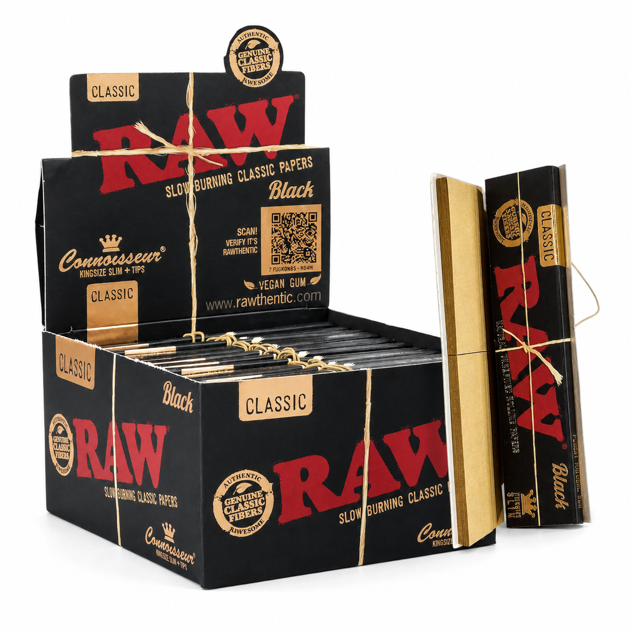 Raw Classic Black Connoisseur Rolling Paper King Size Slim + Tips - 24 Packs/Display