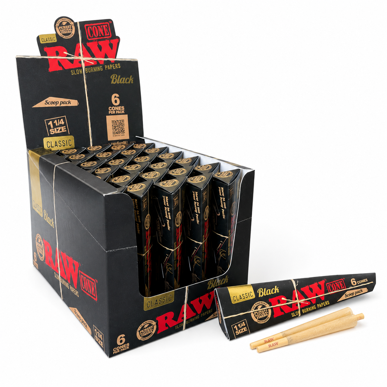 RAW Black Cones Scoop Pack 1 1/4 Size 6 per pack - 30 pack Display