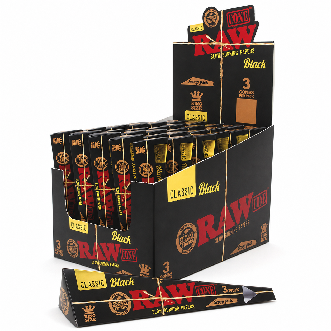 RAW Black Cones  Scoop Pack King Size 3 per pack - 30 pack Display