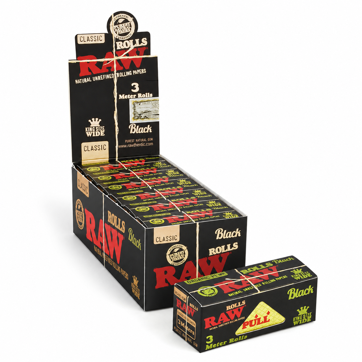 Raw Rolls Organic Hemp Black King Size Wide Rolling Paper (3 Meter Roll / 12 Per Box)