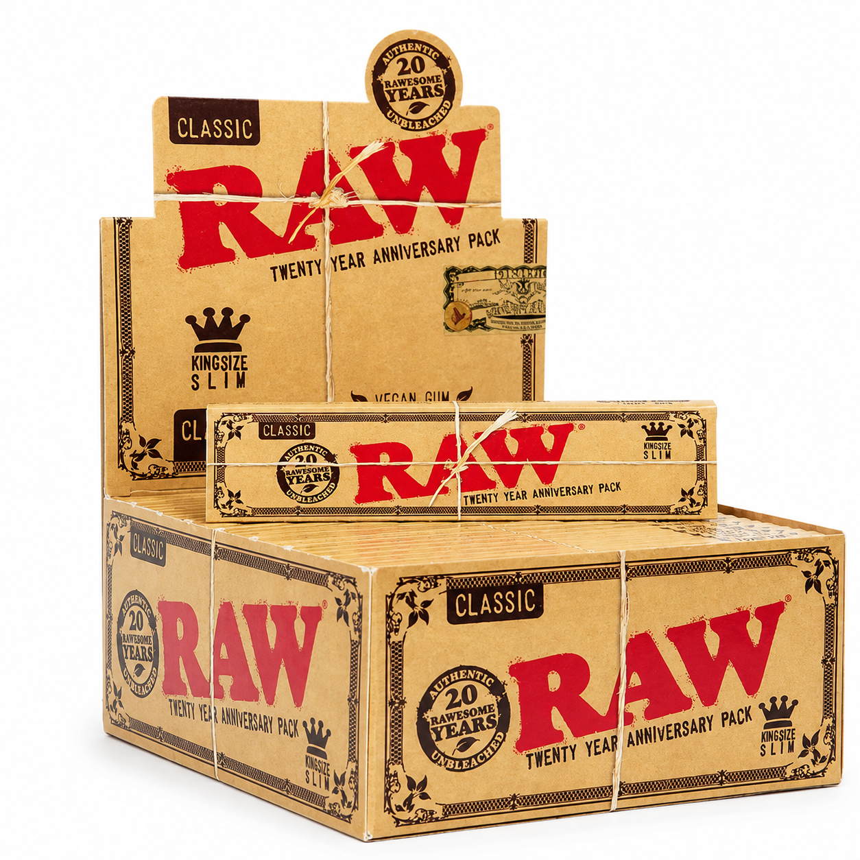 Raw Classic King Size Slim 20 Year Anniversary Pack (32 Leaves per pack/ 50 Per Box)