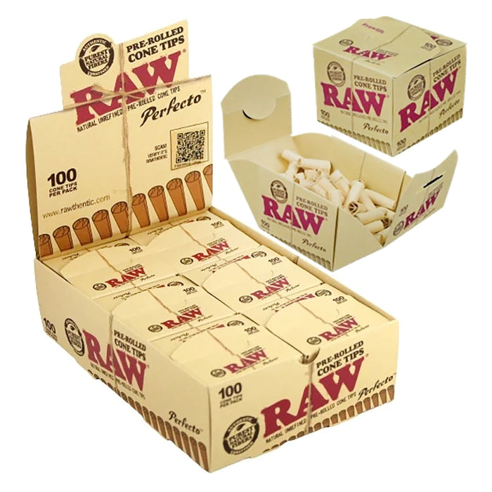 RAW Authentic Pre-Rolled Perfecto Cone Tips 100 Tips per Pack (6 Pack Per Display) (6dis/box)