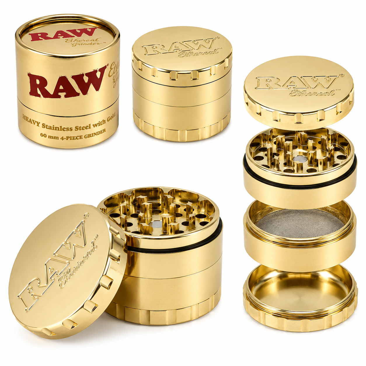 RAW Ethereal 60mm 4Pc Grinder I Stainless Steal Gold Plating
