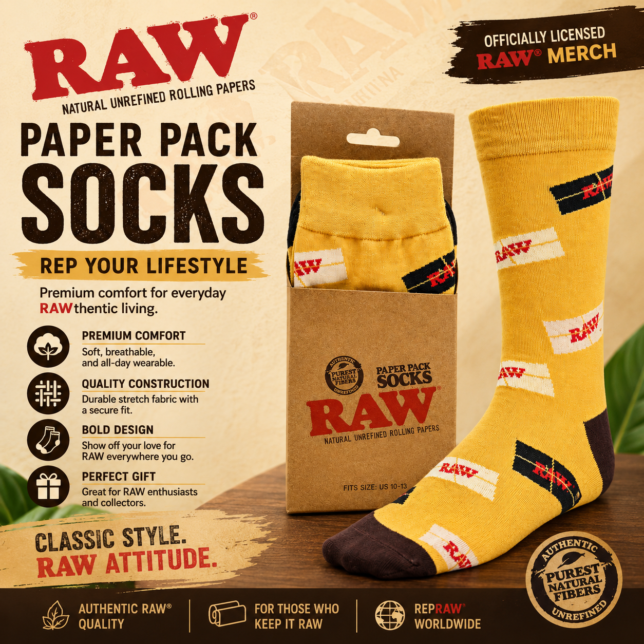 RAW Tan Paper Pack Socks 1ct I US Sz 10-13