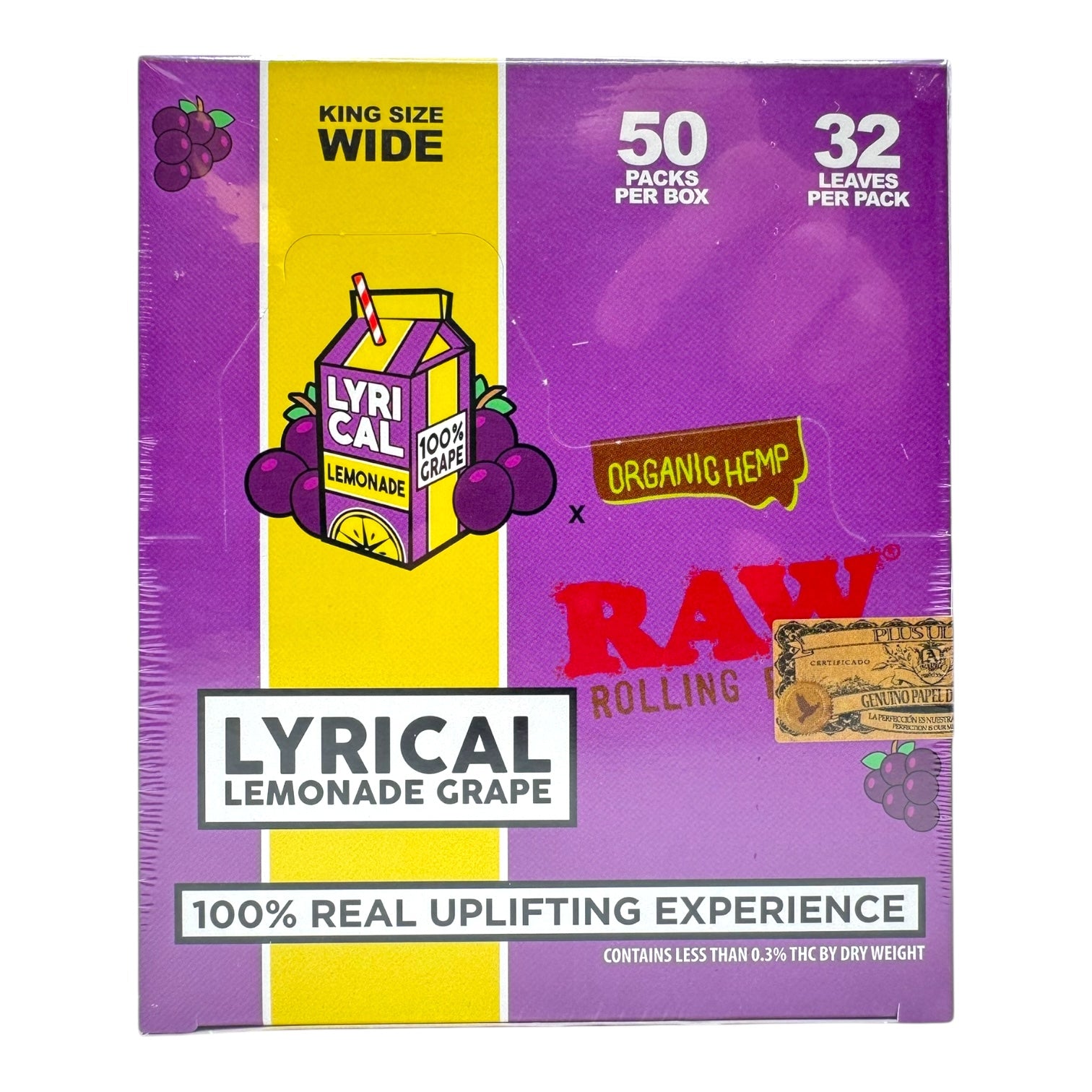 RAW X Lyrical Lemonade Grape King Size Wide Rolling Papers 32 leaves / Pack 50Packs/Display|24D/C
