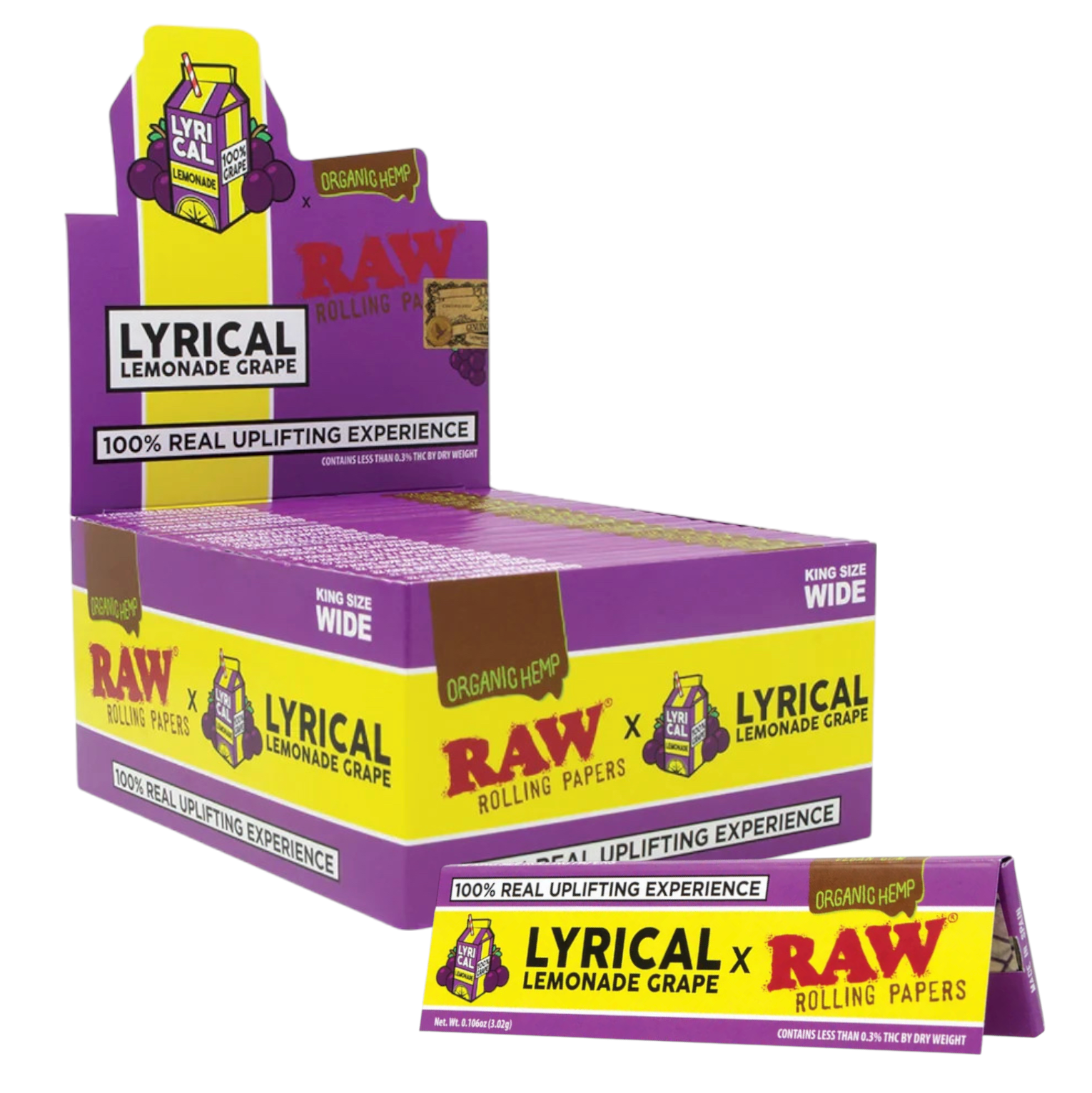 RAW X Lyrical Lemonade Grape King Size Wide Rolling Papers 32 leaves / Pack 50Packs/Display|24D/C