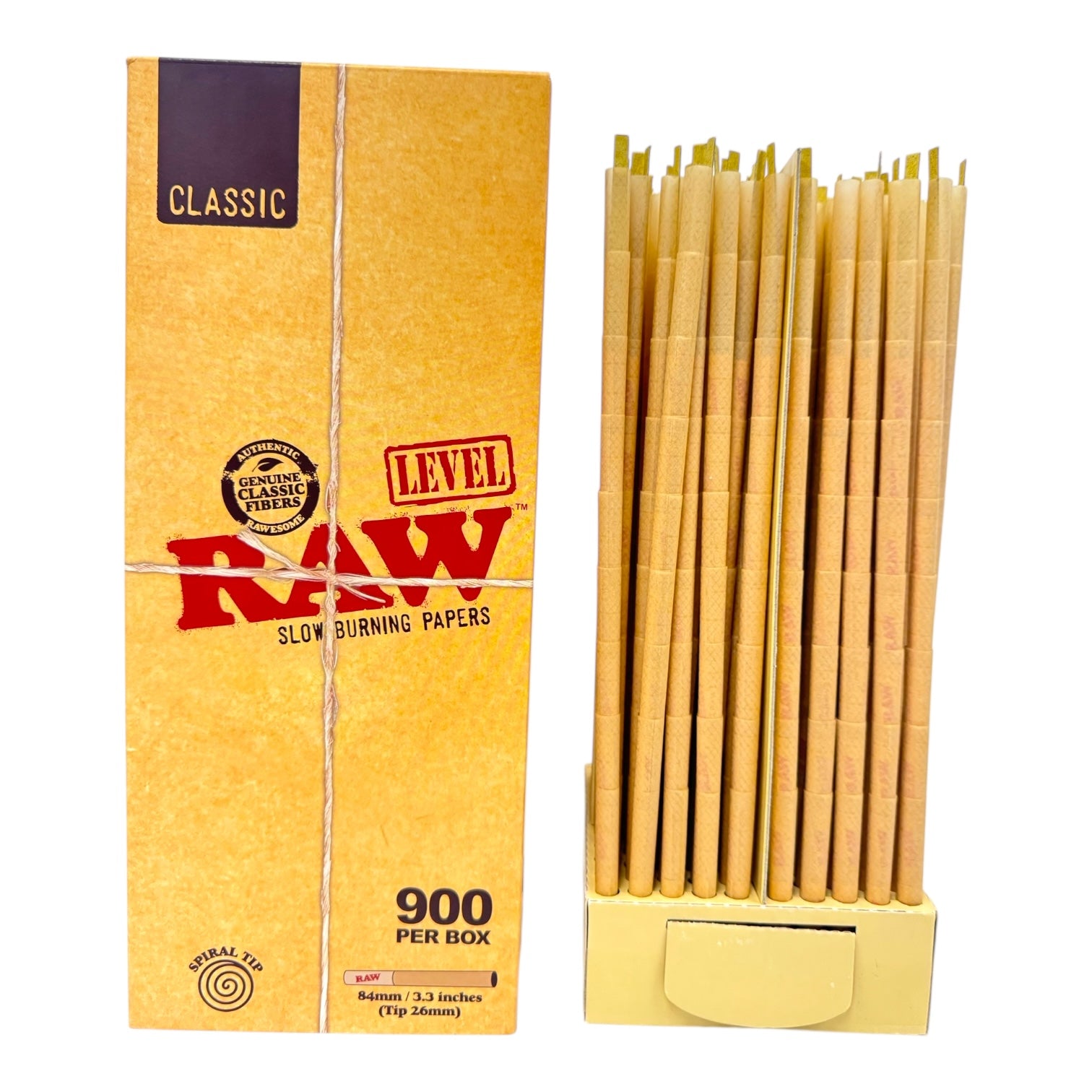 Raw Classic Level Size Pre-Rolled Cone 84mm/3.3in (Tip 26mm) - 900ct/Display