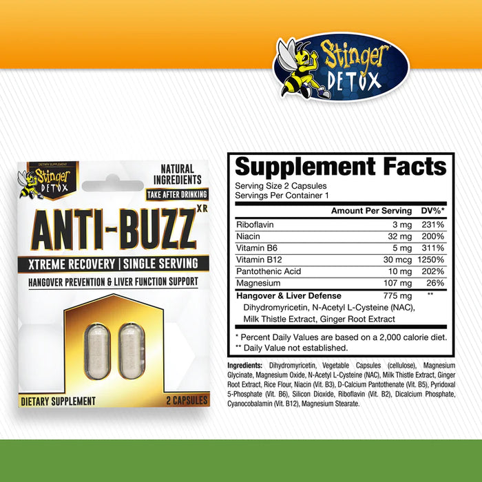 Stinger Anti-Buzz Hangover Prevention & Liver Function Support (2 Capsules / 12 Card Pack)
