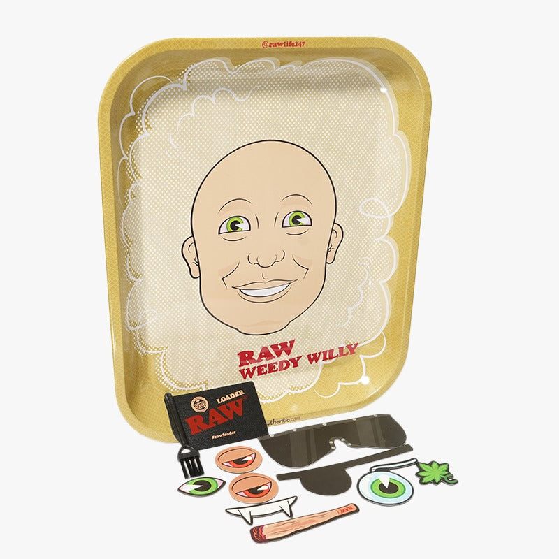 Raw Weedy Willy Rolling Tray I 13.8" x 11.3" I 9 Magnet Accessories