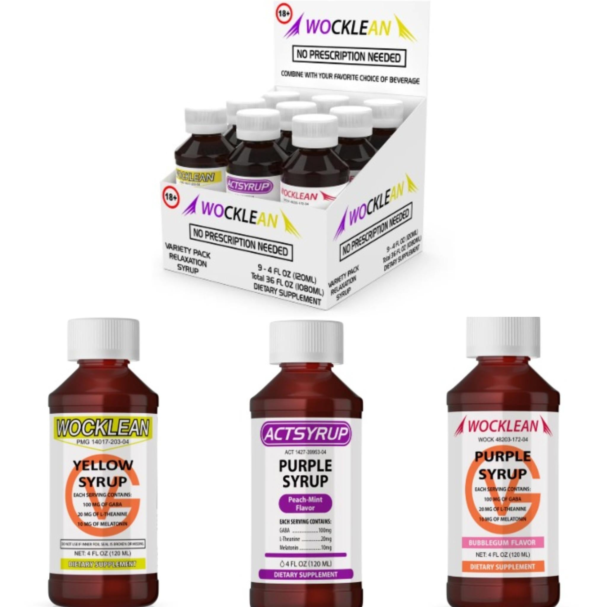 Wock Lean Syrup Assorted Pack 4oz - 9pc Display | Actsyrup, Yellow , Purple