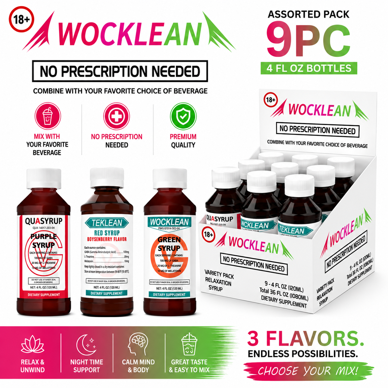 Wock Lean Syrup Assorted Pack 4oz - 9pc Display | Quasyrup, Green, Red