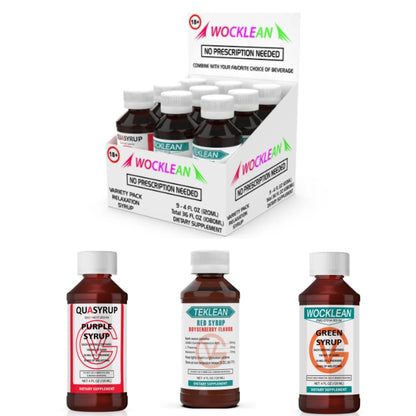 Wock Lean Syrup Assorted Pack 4oz - 9pc Display | Quasyrup, Green, Red