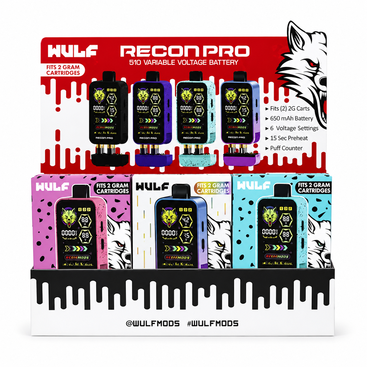Wulf Mods Recon Pro 510 Variable Voltage Battery (Display 9pcs)