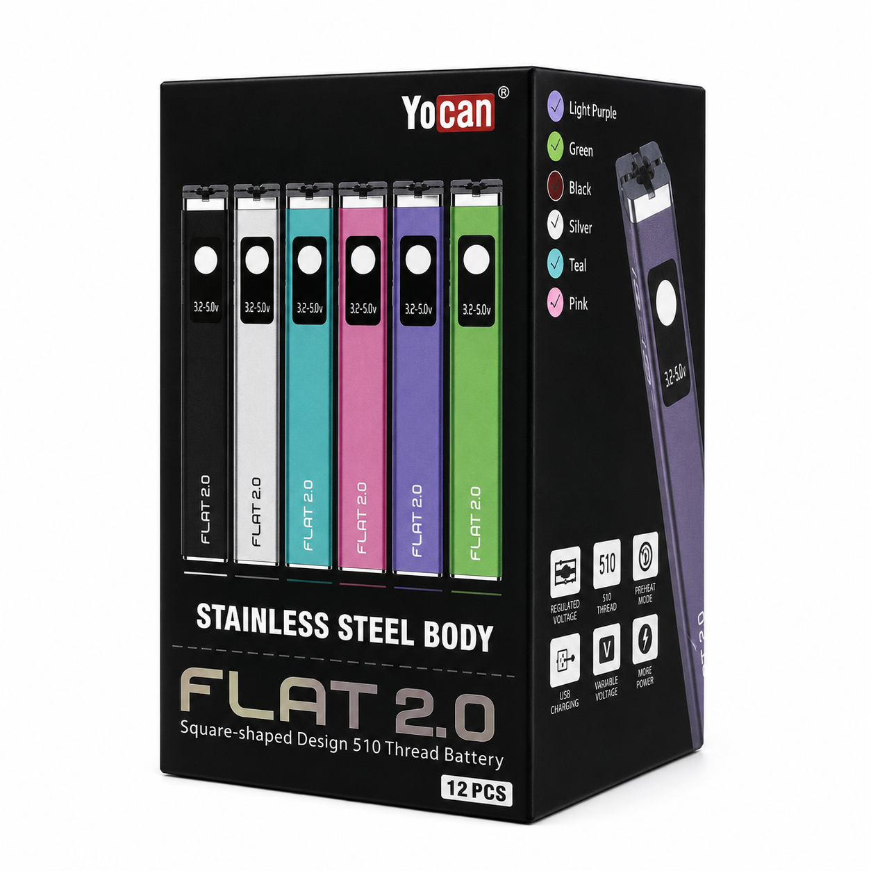 Yocan Flat 2.0 650mah Adjustable Voltage 510 Battery 12pc/Dis
