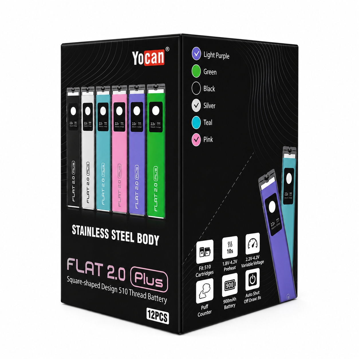 Yocan Flat 2.0 Plus 900mah Adjustable Voltage 510 Battery (12pc Display)