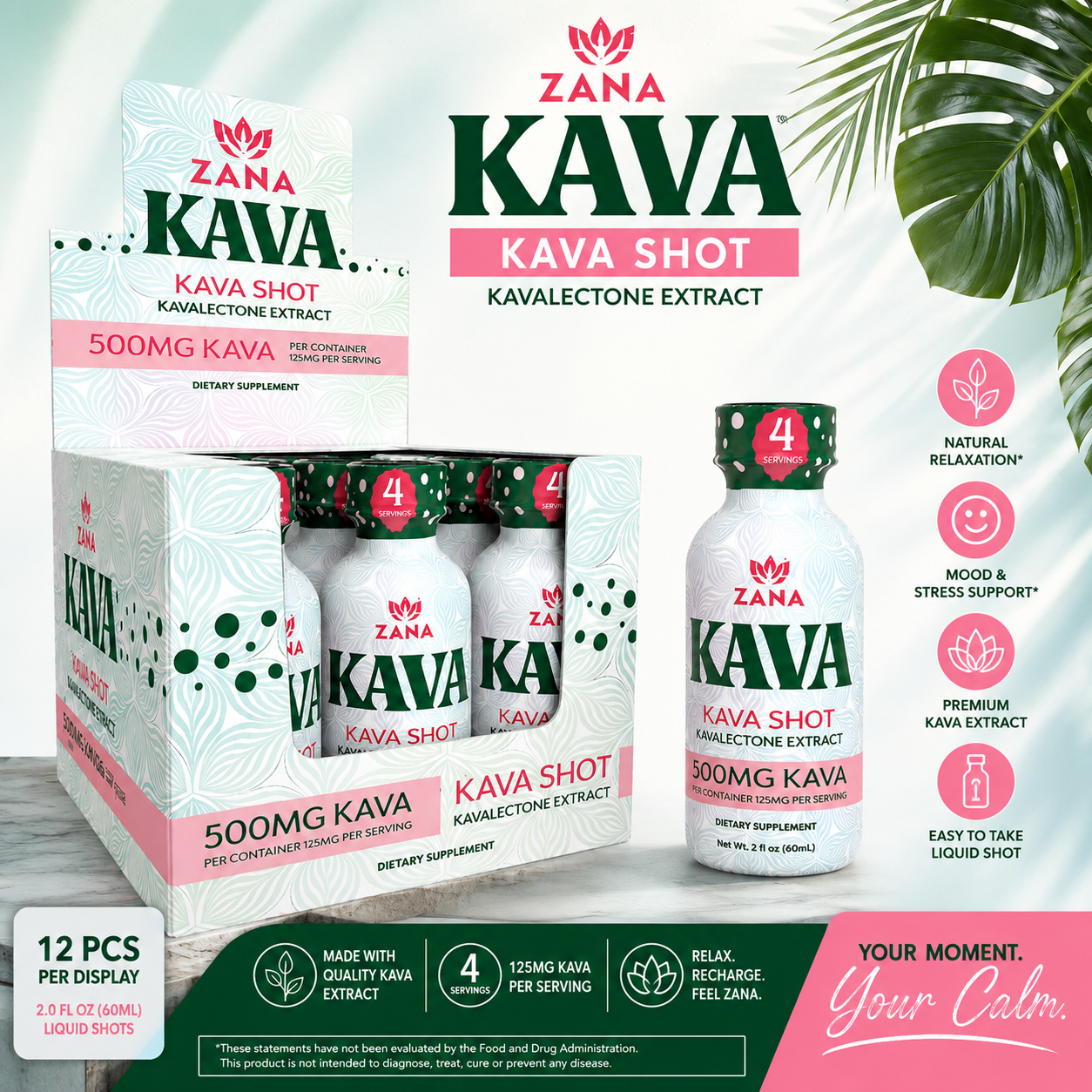 Zana 500mg Kava Liquid Shots 2.0floz 12pcs/Display