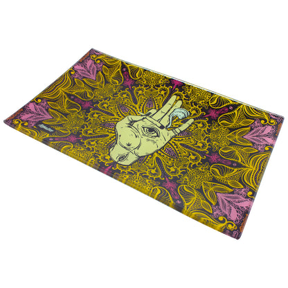 Afghan Hemp - Glass Rolling Tray - Psychedelic Eye Hand holding Joint 11" X 7"
