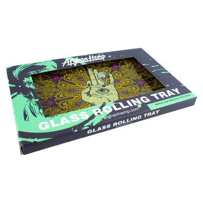 Afghan Hemp - Glass Rolling Tray - Psychedelic Eye Hand holding Joint 11" X 7"