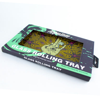 Afghan Hemp - Glass Rolling Tray - Psychedelic Eye Hand holding Joint 11" X 7"