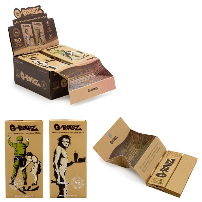 G-ROLLZ Banksy's Graffiti King Size Set 1- Unbleached Extra Thin - 50 King Size Papers + Tips & Tray Poker (16 Booklets per box)