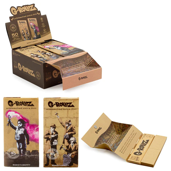 G-ROLLZ Banksy's Graffiti King Size Set 3 - Unbleached Extra Thin - 50 King Size Papers + Tips & Tray Poker (16ct Booklets)
