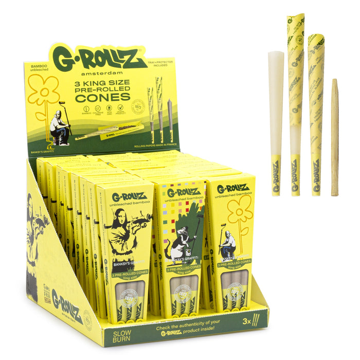 G-ROLLZ | Banksy's Graffiti - Bamboo Unbleached - 3 King Size Cones In Each Pack & (24 packs in Display/box)