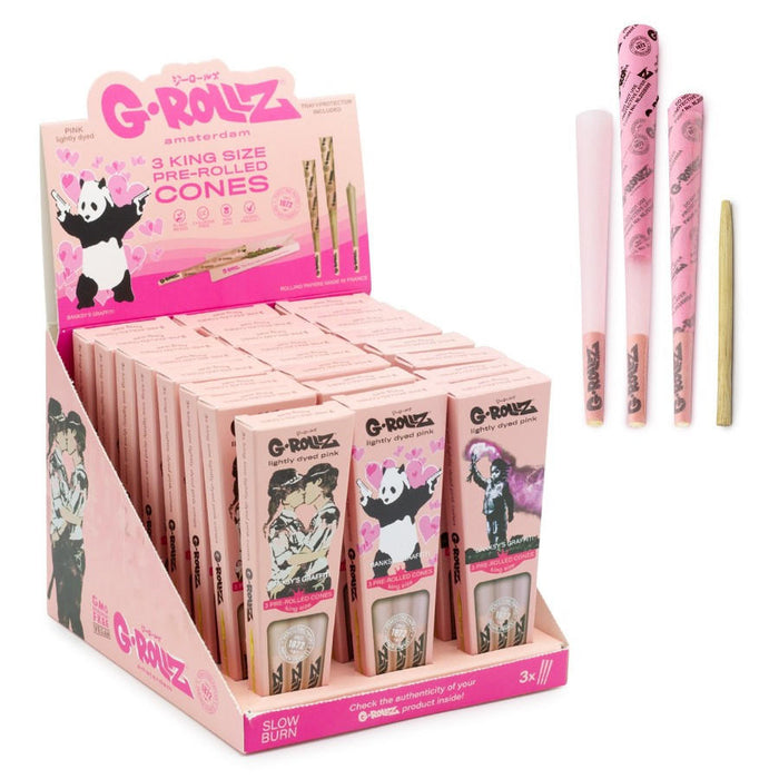 G-ROLLZ | Banksy's Graffiti - Lightly Dyed Pink - 3 King Size Cones In Each Pack & (24 packs in Display/box)