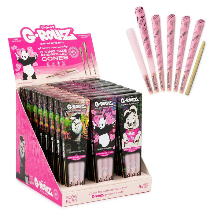 G-ROLLZ | Banksy's Graffiti - Lightly Dyed Pink - 6 King Size Cones In Each Pack(24 packs Display)