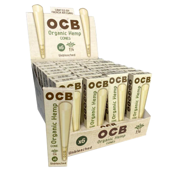 OCB Organic Hemp 1 1/4" Size Cones (6 cones per Pack/32 Packs per Display)