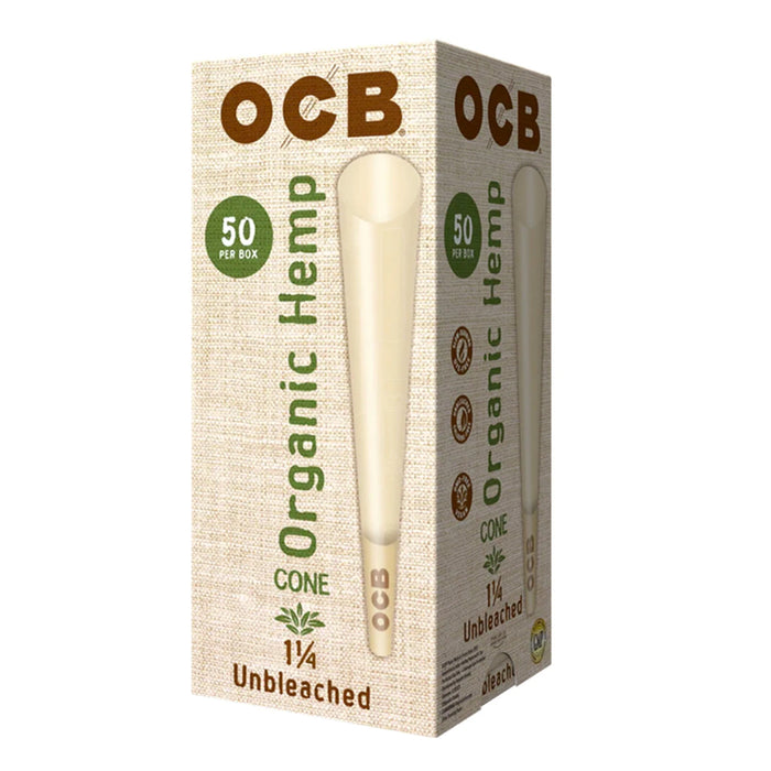 OCB Organic Hemp Unbleached Rolling Paper Cones 1 1/4 Size (50 per box)