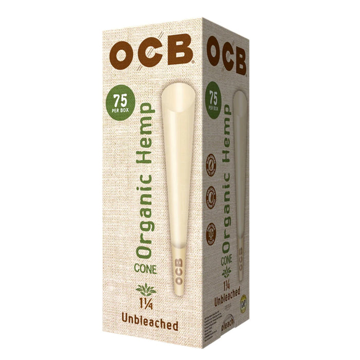 OCB Organic Hemp Unbleached Rolling Paper Cones 1 1/4 Size (75 per box)