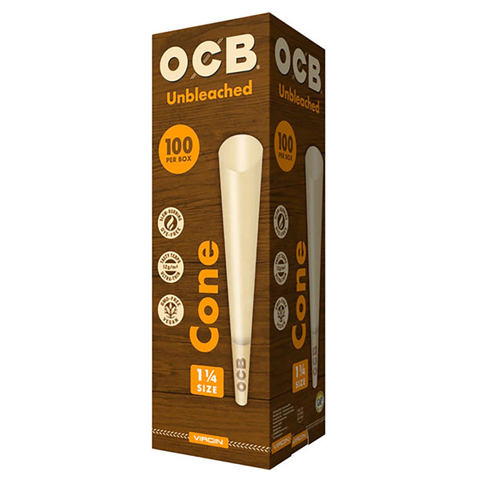OCB Virgin Unbleached Rolling Paper Cones 1 1/4 Size (100 per box)