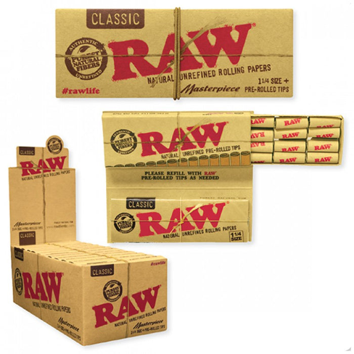 Raw Classic Masterpiece 1 1/4" Size + Pre-rolled Tips (50 Sheets + 16 Tips / 24 Packs per Box)
