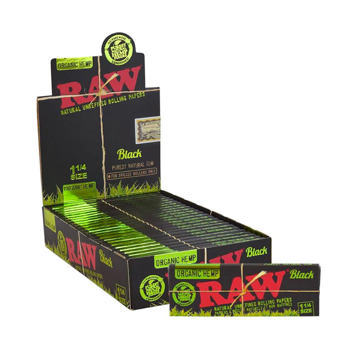 Raw Black Organic Hemp 1 1/4" Size Rolling Paper (50 Sheets per Pack / 24 Packs Display)