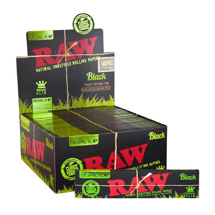 Raw Black Organic Hemp King Size Slim Rolling Paper (32 Sheets per Pack / 24 Packs Display)