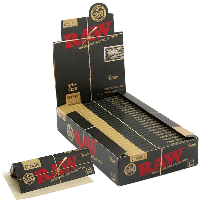 Raw Classic Black 1 1/4" Size Rolling Paper - 24 Packs/Display